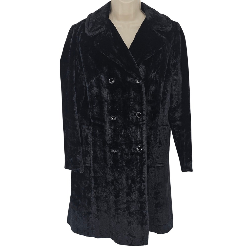 DeGraff‎ Black Crushed Velvet Long Coat Womens S Vintage 60s 70s Witchy Elegant